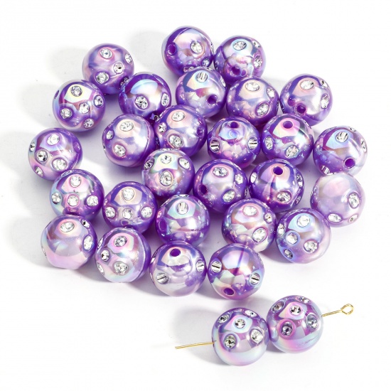 Picture of 10 PCs Acrylic Beads For DIY Charm Jewelry Making Purple AB Rainbow Color Round Clear Rhinestone About 16mm Dia., Hole: Approx 2.4mm
