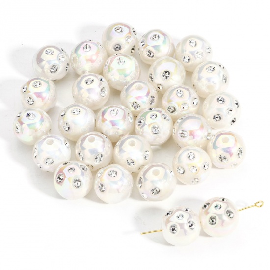 Picture of 10 PCs Acrylic Beads For DIY Charm Jewelry Making White AB Rainbow Color Round Clear Rhinestone About 16mm Dia., Hole: Approx 2.4mm