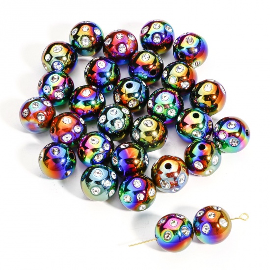 Picture of 10 PCs Acrylic Beads For DIY Charm Jewelry Making Black AB Rainbow Color Round Clear Rhinestone About 16mm Dia., Hole: Approx 2.4mm