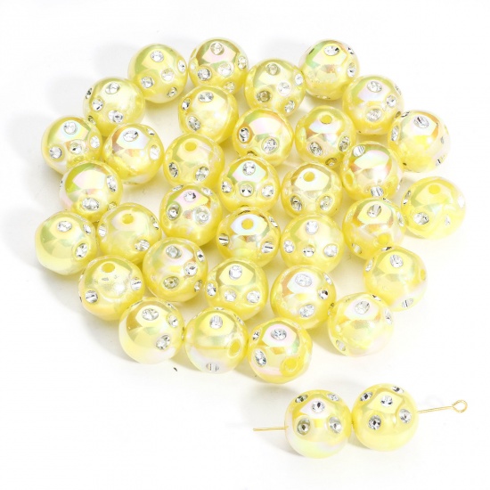 Picture of 10 PCs Acrylic Beads For DIY Charm Jewelry Making Yellow AB Rainbow Color Round Clear Rhinestone About 16mm Dia., Hole: Approx 2.4mm