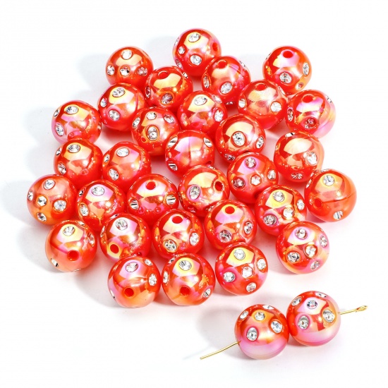 Picture of 10 PCs Acrylic Beads For DIY Charm Jewelry Making Orange AB Rainbow Color Round Clear Rhinestone About 16mm Dia., Hole: Approx 2.4mm