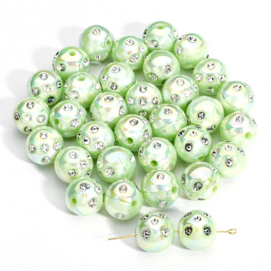 Picture of 10 PCs Acrylic Beads For DIY Charm Jewelry Making Green AB Rainbow Color Round Clear Rhinestone About 16mm Dia., Hole: Approx 2.4mm