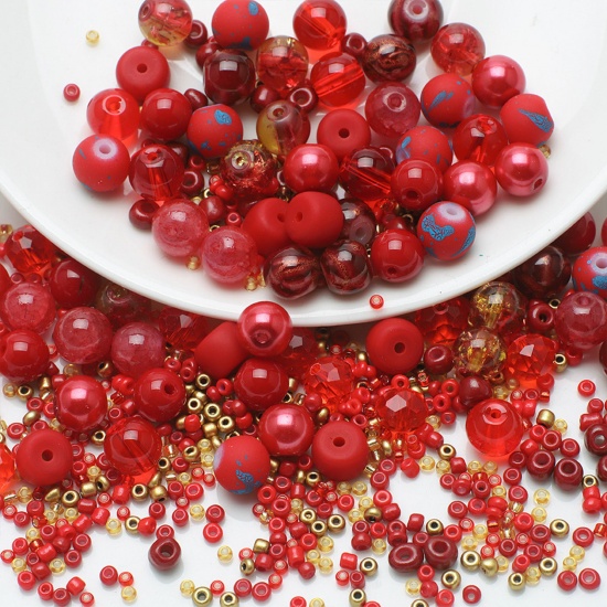 Image de 1 Kit Perles pour DIY Fabrication de Bijoux de Charme en Verre Rond Rouge Env. 8mm Dia. - 2x1.5mm, Trou: 1.4mm