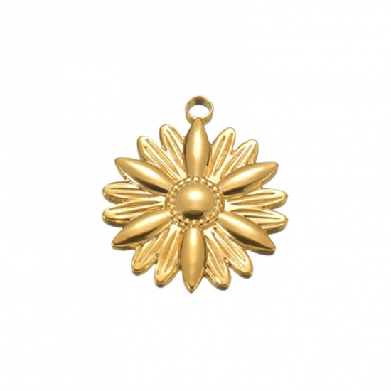 Picture of 1 Piece Vacuum Plating 304 Stainless Steel Retro Charms Gold Plated Sunflower 26mm x 22mm