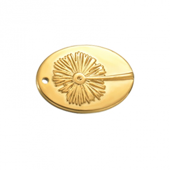 Picture of 1 Piece Vacuum Plating 304 Stainless Steel Retro Charms Gold Plated Oval Dandelion 19mm x 14mm