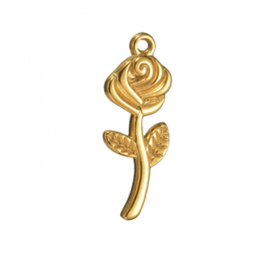 Picture of 1 Piece Vacuum Plating 304 Stainless Steel Retro Charms Gold Plated Rose Flower 24mm x 9mm