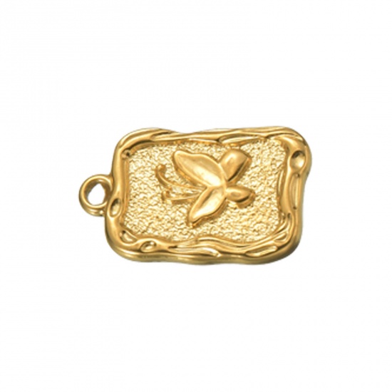 Picture of 1 Piece Vacuum Plating 304 Stainless Steel Retro Charms Gold Plated Rectangle Butterfly 23mm x 14mm
