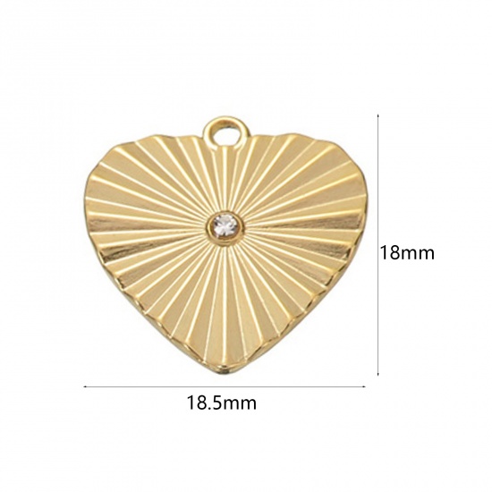 Imagen de 1 Unidad Enchapado al Vacío 304 Acero Inoxidable y Diamantes de Imitación Elegante Colgantes Corazón Chapado en Oro Raya Transparente Rhinestone 18.5mm x 18mm