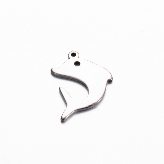 Picture of 5 PCs 304 Stainless Steel Ocean Jewelry Charms Silver Tone Dolphin Animal 20mm x 15mm