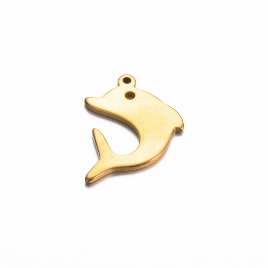 Picture of 5 PCs 304 Stainless Steel Ocean Jewelry Charms Gold Plated Dolphin Animal 20mm x 15mm