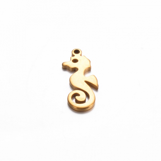 Picture of 5 PCs 304 Stainless Steel Ocean Jewelry Charms Gold Plated Seahorse Animal 17mm x 7mm