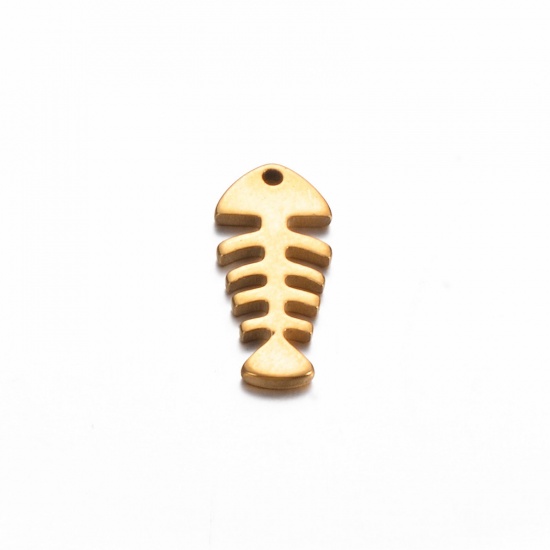 Picture of 5 PCs 304 Stainless Steel Ocean Jewelry Charms Gold Plated Fish Bone 15mm x 7mm