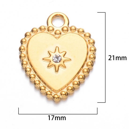 Image de 1 Pièce Breloques en 304 Acier Inoxydable Rétro Doré Cœur Etoile à Strass Transparent 21mm x 17mm