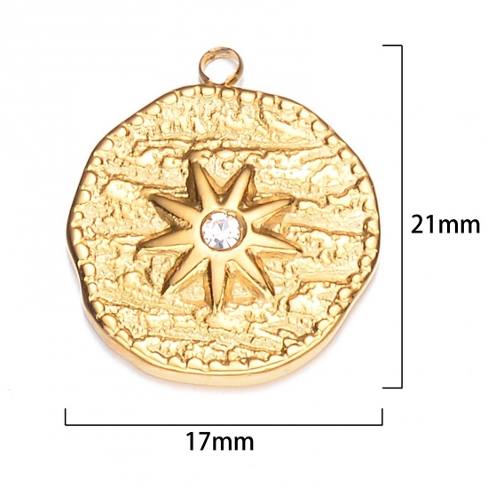 Image de 1 Pièce Breloques en 304 Acier Inoxydable Rétro Doré Disque Etoile à Strass Transparent 21mm x 17mm