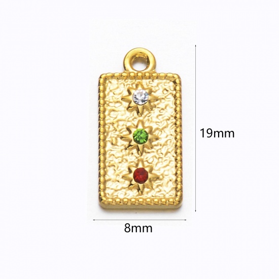 Image de 1 Pièce Breloques en 304 Acier Inoxydable & Strass Placage sous Vide Rétro Rectangle Doré Etoile à Strass Coloré 19mm x 8mm 
