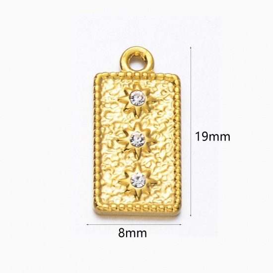 Image de 1 Pièce Breloques en 304 Acier Inoxydable & Strass Placage sous Vide Rétro Rectangle Doré Etoile à Strass Transparent 19mm x 8mm 