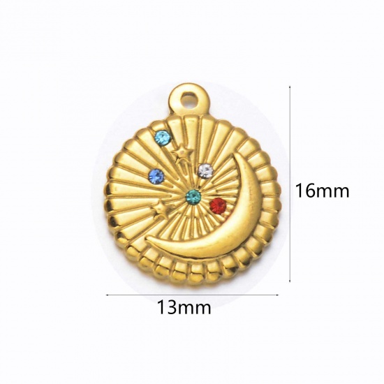 Image de 1 Pièce Breloques en 304 Acier Inoxydable & Strass Placage sous Vide Rétro Rond Doré Lune à Strass Coloré 16mm x 13mm 