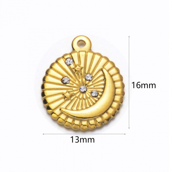Image de 1 Pièce Breloques en 304 Acier Inoxydable & Strass Placage sous Vide Rétro Rond Doré Lune à Strass Transparent 16mm x 13mm 