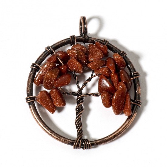 Picture of 1 Piece (Grade B) Gold Sand Stone ( Natural ) Wire Wrapped Pendants Antique Copper Round Tree of Life 3.4cm x 2.8cm