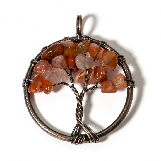Picture of 1 Piece (Grade B) Agate ( Natural ) Wire Wrapped Pendants Antique Copper Round Tree of Life 3.4cm x 2.8cm