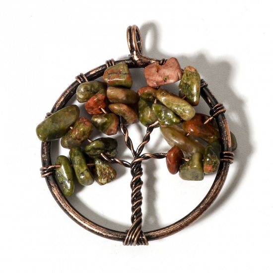 Picture of 1 Piece (Grade B) Unakite ( Natural ) Wire Wrapped Pendants Antique Copper Round Tree of Life 3.4cm x 2.8cm