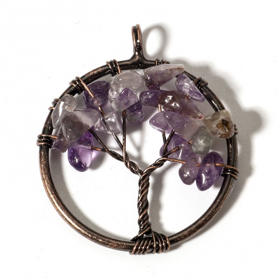 Picture of 1 Piece (Grade B) Amethyst ( Natural ) Wire Wrapped Pendants Antique Copper Round Tree of Life 3.4cm x 2.8cm