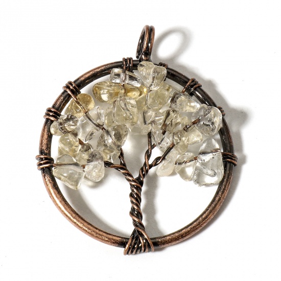 Picture of 1 Piece (Grade B) Citrine ( Natural ) Wire Wrapped Pendants Antique Copper Round Tree of Life 3.4cm x 2.8cm