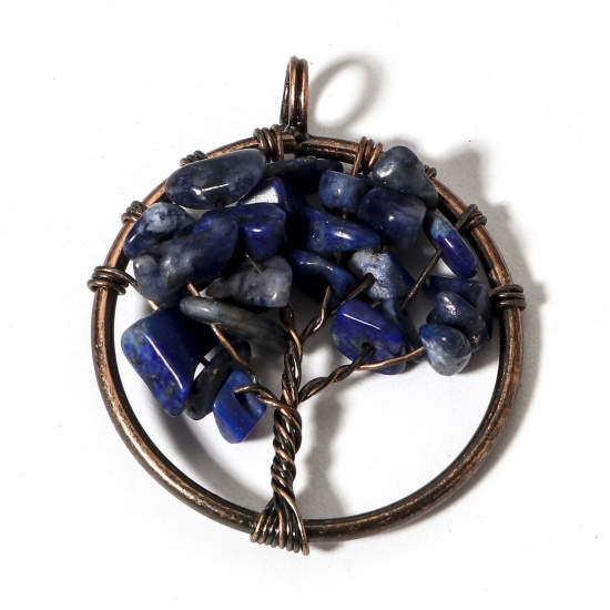 Picture of 1 Piece (Grade B) Lapis Lazuli ( Natural ) Wire Wrapped Pendants Antique Copper Round Tree of Life 3.4cm x 2.8cm