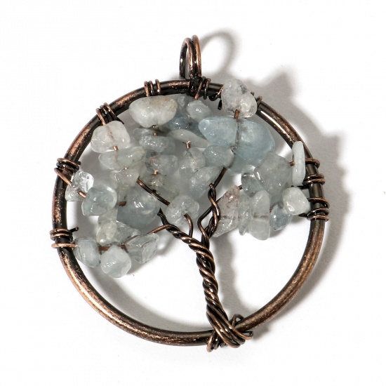 Picture of 1 Piece (Grade B) Aquamarine ( Natural ) Wire Wrapped Pendants Antique Copper Round Tree of Life 3.4cm x 2.8cm