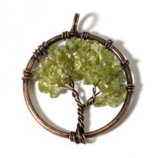 Picture of 1 Piece (Grade B) Peridot ( Natural ) Wire Wrapped Pendants Antique Copper Round Tree of Life 3.4cm x 2.8cm