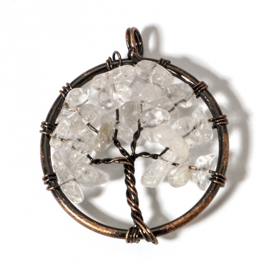 Picture of 1 Piece (Grade B) Quartz Rock Crystal ( Natural ) Wire Wrapped Pendants Antique Copper Round Tree of Life 3.4cm x 2.8cm