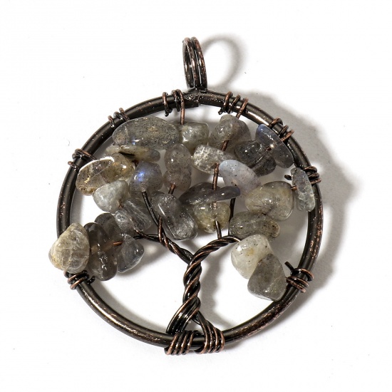 Picture of 1 Piece (Grade B) Spectrolite ( Natural ) Wire Wrapped Pendants Antique Copper Round Tree of Life 3.4cm x 2.8cm