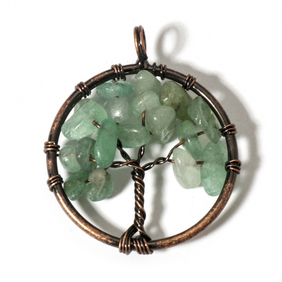 Picture of 1 Piece (Grade B) Aventurine ( Natural ) Wire Wrapped Pendants Antique Copper Round Tree of Life 3.4cm x 2.8cm