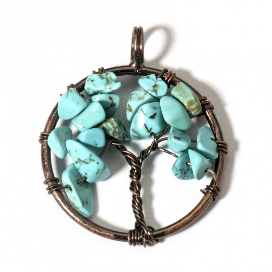 Picture of 1 Piece (Grade B) Turquoise ( Natural ) Wire Wrapped Pendants Antique Copper Round Tree of Life 3.4cm x 2.8cm