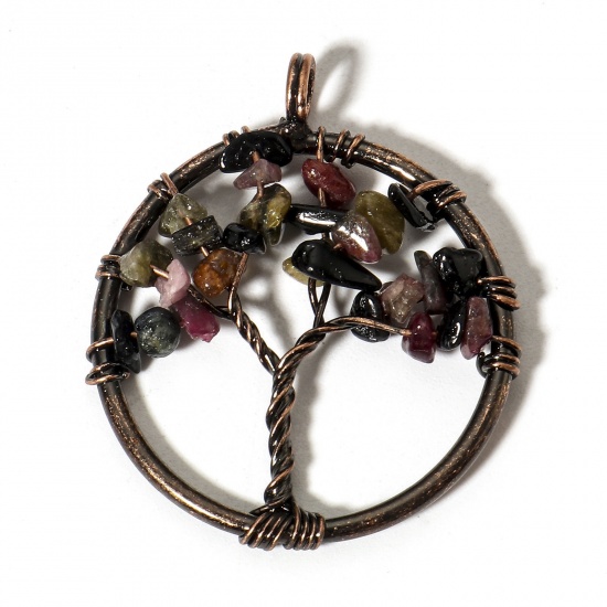 Picture of 1 Piece (Grade B) Tourmaline ( Natural ) Wire Wrapped Pendants Antique Copper Round Tree of Life 3.4cm x 2.8cm