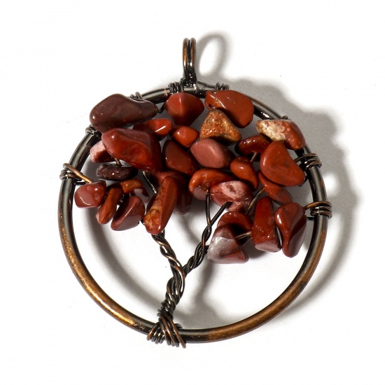 Picture of 1 Piece (Grade B) Stone ( Natural ) Wire Wrapped Pendants Antique Copper Round Tree of Life 3.4cm x 2.8cm