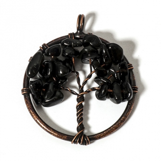 Picture of 1 Piece (Grade B) Obsidian ( Natural ) Wire Wrapped Pendants Antique Copper Round Tree of Life 3.4cm x 2.8cm