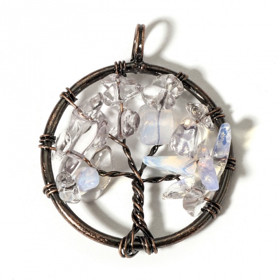 Picture of 1 Piece (Grade B) Moonstone ( Natural ) Wire Wrapped Pendants Antique Copper Round Tree of Life 3.4cm x 2.8cm