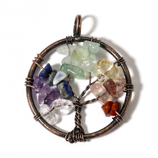 Picture of 1 Piece (Grade B) Gemstone ( Natural ) Wire Wrapped Pendants Antique Copper Round Tree of Life 3.4cm x 2.8cm