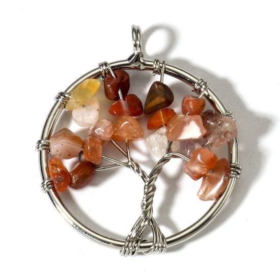 Picture of 1 Piece (Grade B) Agate ( Natural ) Wire Wrapped Pendants Silver Tone Round Tree of Life 3.4cm x 2.8cm