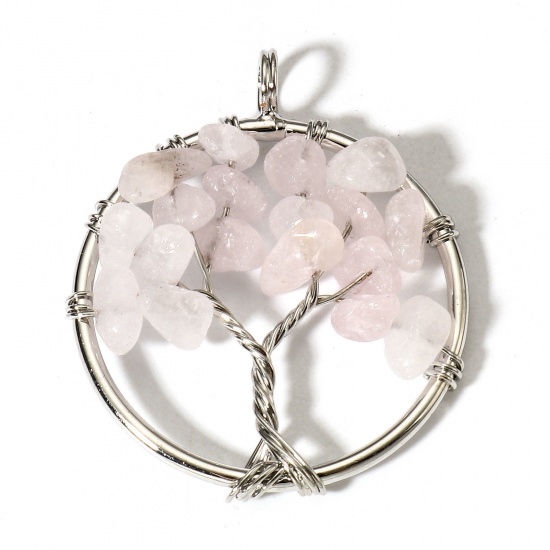 Picture of 1 Piece (Grade B) Rose Quartz ( Natural ) Wire Wrapped Pendants Silver Tone Round Tree of Life 3.4cm x 2.8cm