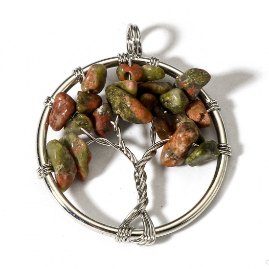 Picture of 1 Piece (Grade B) Unakite ( Natural ) Wire Wrapped Pendants Silver Tone Round Tree of Life 3.4cm x 2.8cm
