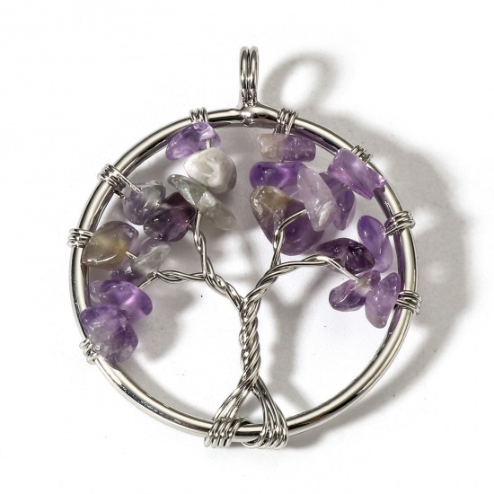 Picture of 1 Piece (Grade B) Amethyst ( Natural ) Wire Wrapped Pendants Silver Tone Round Tree of Life 3.4cm x 2.8cm