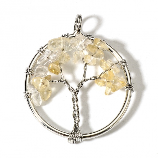 Picture of 1 Piece (Grade B) Citrine ( Natural ) Wire Wrapped Pendants Silver Tone Round Tree of Life 3.4cm x 2.8cm