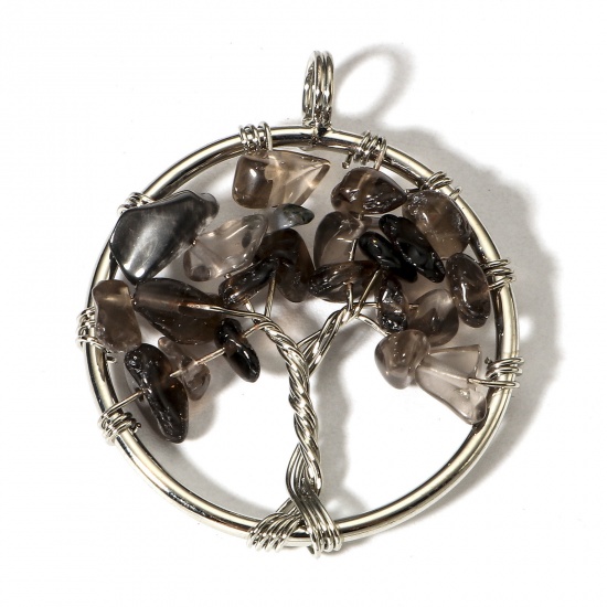 Picture of 1 Piece (Grade B) Smoky Quartz ( Natural ) Wire Wrapped Pendants Silver Tone Round Tree of Life 3.4cm x 2.8cm