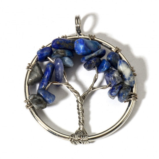 Picture of 1 Piece (Grade B) Lapis Lazuli ( Natural ) Wire Wrapped Pendants Silver Tone Round Tree of Life 3.4cm x 2.8cm