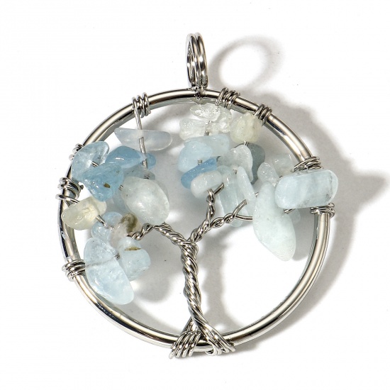 Picture of 1 Piece (Grade B) Aquamarine ( Natural ) Wire Wrapped Pendants Silver Tone Round Tree of Life 3.4cm x 2.8cm