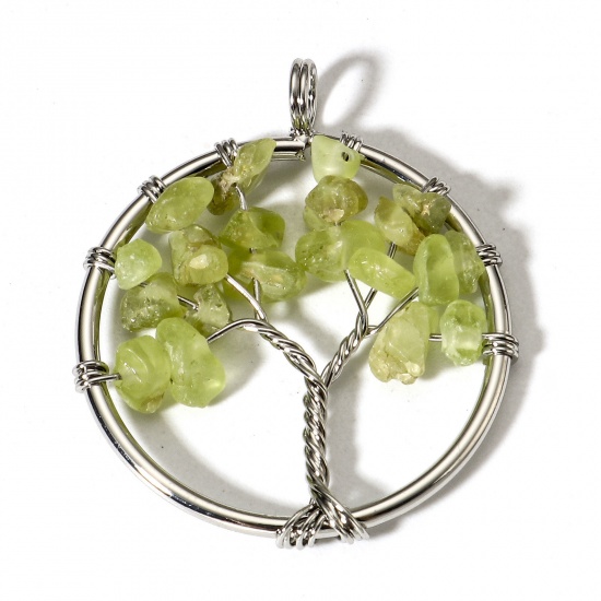 Picture of 1 Piece (Grade B) Peridot ( Natural ) Wire Wrapped Pendants Silver Tone Round Tree of Life 3.4cm x 2.8cm