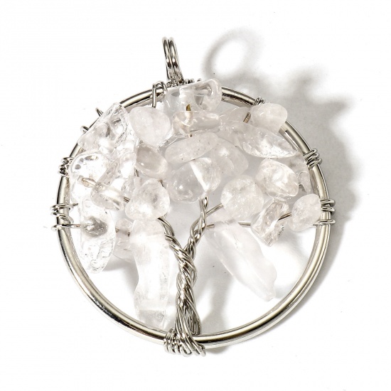 Picture of 1 Piece (Grade B) Quartz Rock Crystal ( Natural ) Wire Wrapped Pendants Silver Tone Round Tree of Life 3.4cm x 2.8cm