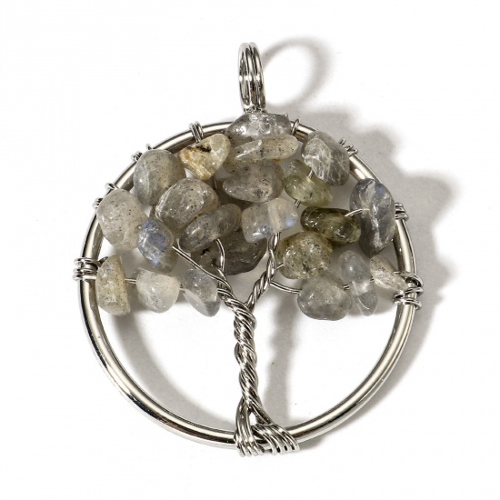 Picture of 1 Piece (Grade B) Spectrolite ( Natural ) Wire Wrapped Pendants Silver Tone Round Tree of Life 3.4cm x 2.8cm